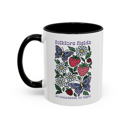 Folklore Fields Mug – Botanical Strawberry & Compass Design, Color Accent Ceramic Drinkware