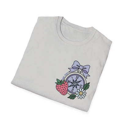 Folklore Fields T-Shirt – Soft Cotton Tee with Strawberry, Butterfly & Compass Design