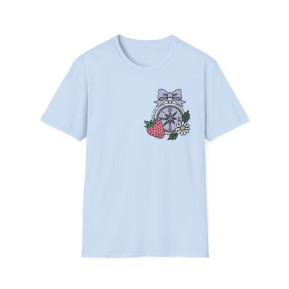 Folklore Fields T-Shirt – Soft Cotton Tee with Strawberry, Butterfly & Compass Design