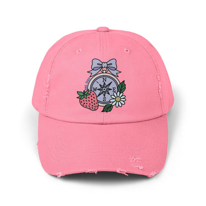 Folklore Fields Distressed Cap – Vintage Compass & Strawberry Design, Unisex Boho Dad Hat