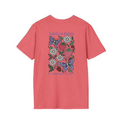 Folklore Fields T-Shirt – Soft Cotton Tee with Strawberry, Butterfly & Compass Design