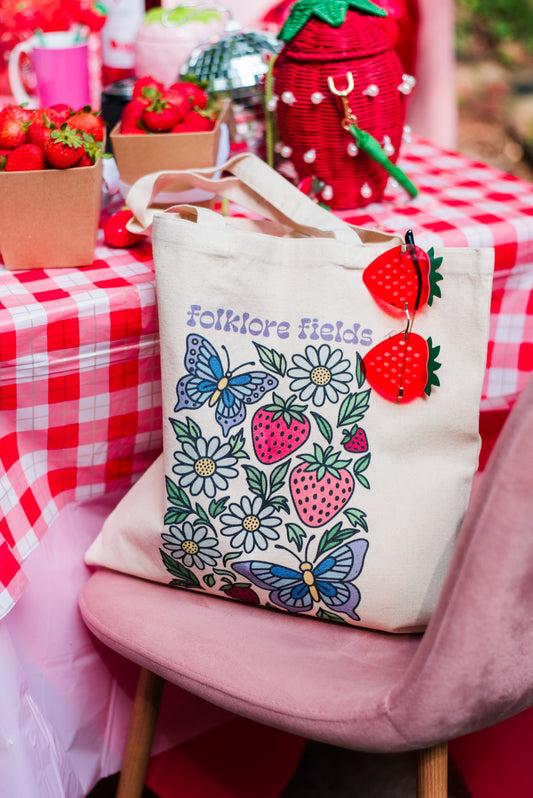 Folklore Fields Tote Bag – Eco-Friendly Canvas Bag with Butterfly and Strawberry Design