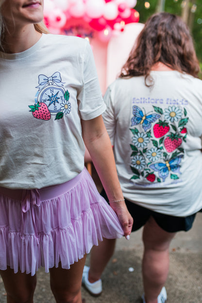 Folklore Fields T-Shirt – Soft Cotton Tee with Strawberry, Butterfly & Compass Design