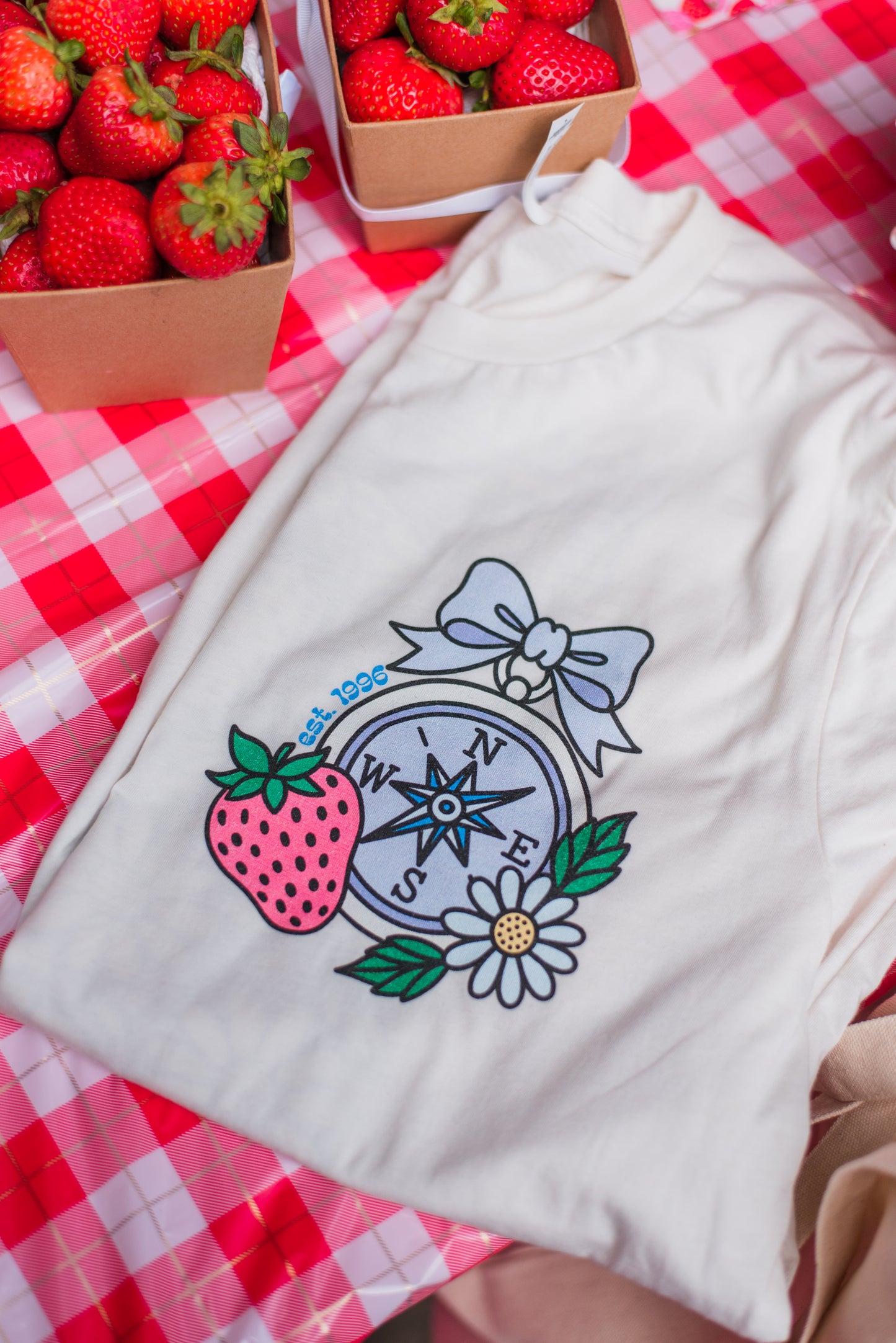 Folklore Fields T-Shirt – Soft Cotton Tee with Strawberry, Butterfly & Compass Design