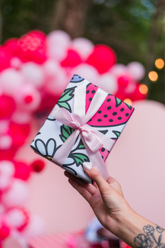 Folklore Fields Wrapping Paper – Strawberry & Daisy Gift Wrap for Birthdays, Holidays, and Celebrations