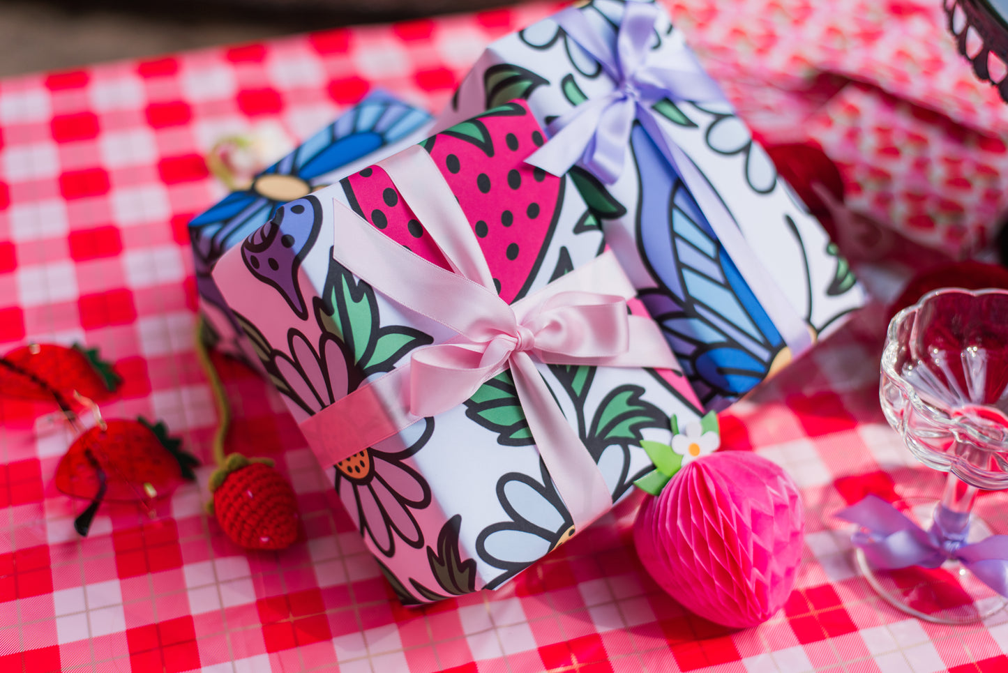 Folklore Fields Wrapping Paper – Strawberry & Daisy Gift Wrap for Birthdays, Holidays, and Celebrations