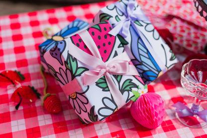 Folklore Fields Wrapping Paper – Strawberry & Daisy Gift Wrap for Birthdays, Holidays, and Celebrations