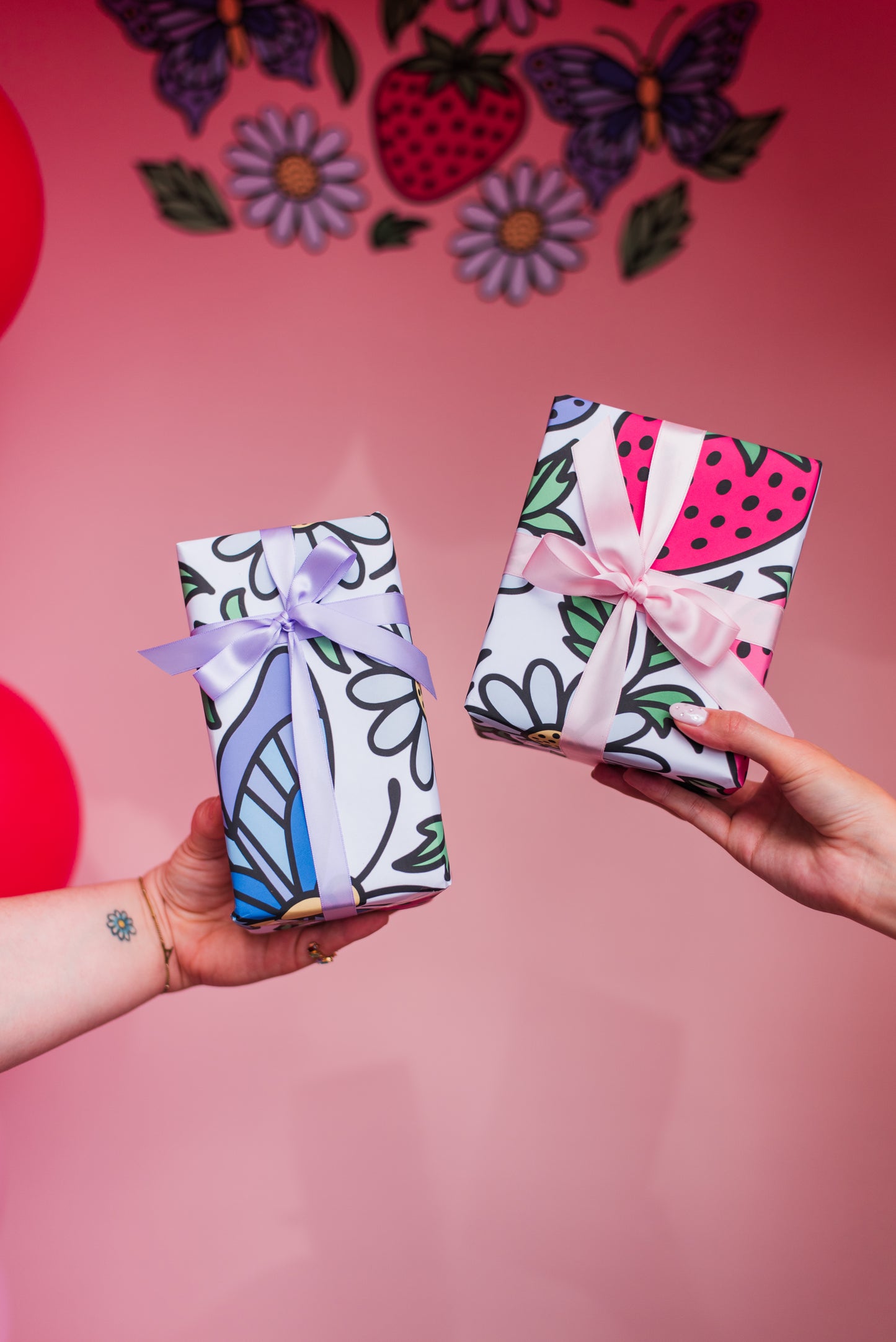 Folklore Fields Wrapping Paper – Strawberry & Daisy Gift Wrap for Birthdays, Holidays, and Celebrations